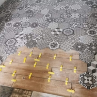Réalisation d'une maison en placo et du carrelage avec une incrustation de carreaux de ciment dans du carrelage imitation parquet