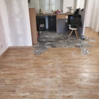 Réalisation d'une maison en placo et du carrelage avec une incrustation de carreaux de ciment dans du carrelage imitation parquet